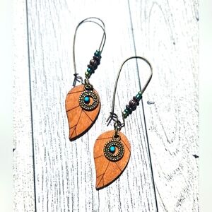 Bohemian Leaf Earrings with Turquoise Accents